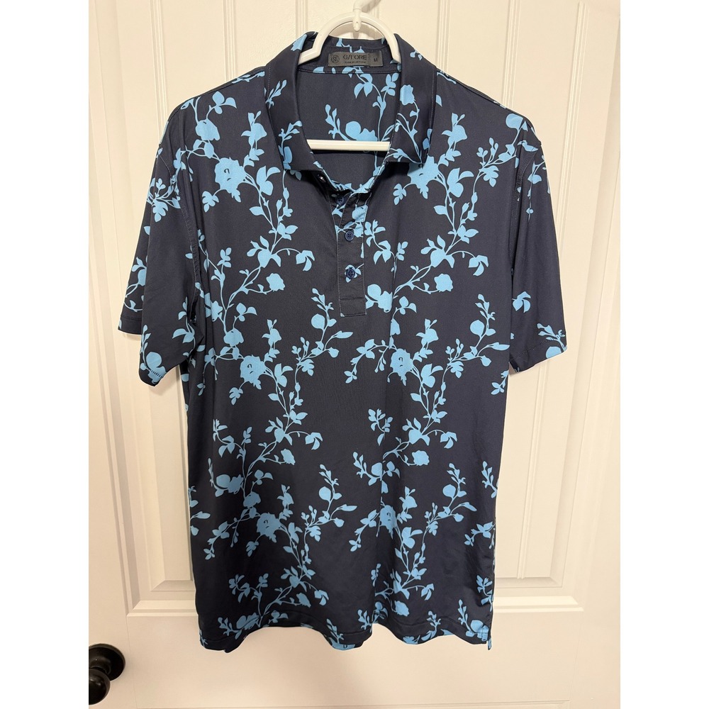 G/FORE Golf Polo Shirt Mens M Navy Blue Floral Vine Performance Short Sleeve EUC